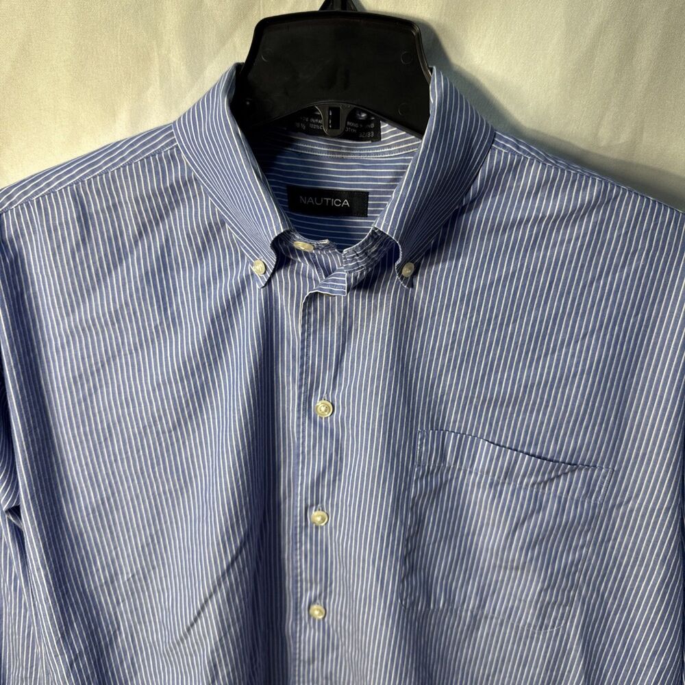 Nautica Button Down Shirt Men's 16.5 32/33 Blue White Striped Long Sleeve Cotton